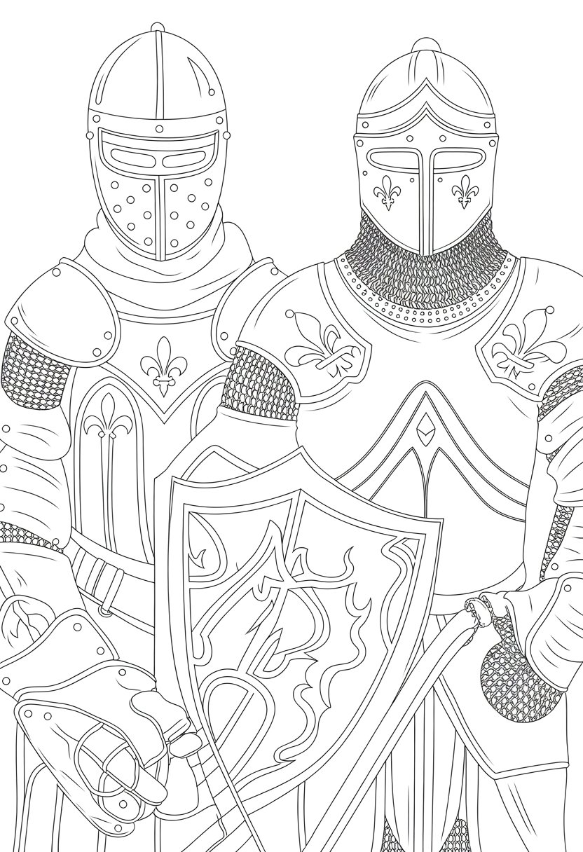 Gothic Coloring Pages for Adults: Top 20 Designs to Download as PDF and Png Files. 28 Detailed line drawing of medieval Gothic armor pieces including helmets, gauntlets, and breastplates arranged for coloring.